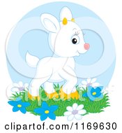 Poster, Art Print Of Cute White Baby Goat Kid With Flowers Over A Blue Circle