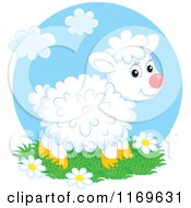 Poster, Art Print Of Cute White Fluffly Lamb Standing On Grass And Flowers
