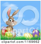 Poster, Art Print Of Grinning Easter Bunny With Eggs And A Basket In Grass Over Blue Sky