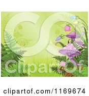 Poster, Art Print Of Rainforest Background With Ferns Bellflowers And Mushrooms