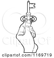 Clipart Of A Black And White Womans Hand Holding A Skeleton Key Royalty Free Vector Illustration by Lal Perera