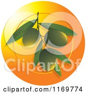 Poster, Art Print Of Green Olives On A Branch Over An Orange Circle