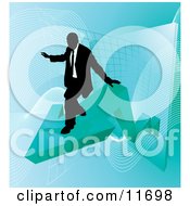 Poster, Art Print Of Successful Businessman Riding On A Blue Arrow As Revenue Increases