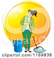 Poster, Art Print Of Happy Woman Mopping Over An Orange Circle