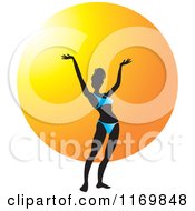 Clipart Of A Silhouetted Woman Holding Her Arms Up And Wearing A Blue Bikini Over A Sun Royalty Free Vector Illustration by Lal Perera