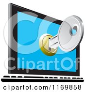 Clipart Of A Silver Key Emerging From A Computer Screen Royalty Free Vector Illustration