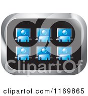 Clipart Of A Rectangle Icon With Blue People Working On Computers Royalty Free Vector Illustration