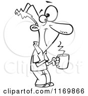 Cartoon Of An Outlined Happy Man Holding A Hot Cup Of Coffee Royalty Free Vector Clipart