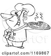 Cartoon Of An Outlined Happy Italian Chef Holding A Pizza Pie Royalty Free Vector Clipart by toonaday
