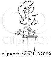 Cartoon Of An Outlined Happy Woman Speaking At A Podium Royalty Free Vector Clipart by toonaday