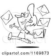 Cartoon Of An Outlined Happy Woman Running And Tossing Smiles Royalty Free Vector Clipart