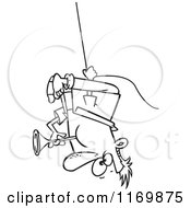 Cartoon Of An Outlined Man Swinging Upside Down And Blowing A Horn Royalty Free Vector Clipart
