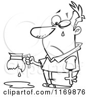 Cartoon Of An Outlined Tearing Man Holding A Broken Coffee Pot Royalty Free Vector Clipart