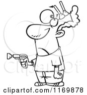Cartoon Of An Outlined Man With Nerf Darts Stuck To His Forehead Royalty Free Vector Clipart