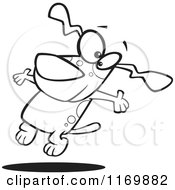 Cartoon Of An Outlined Happy Dog Jumping Royalty Free Vector Clipart