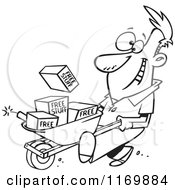 Outlined Man Pushing Dynamite And Free Stuff In A Wheelbarrow