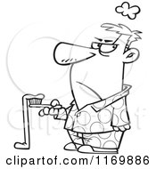 Cartoon Of An Outlined Grumpy Man With Bad Toothpaste Hanging Off Of His Brush Royalty Free Vector Clipart