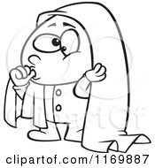 Cartoon Of An Outlined Boy Sucking His Thumb And Holding A Blankie Over His Head Royalty Free Vector Clipart