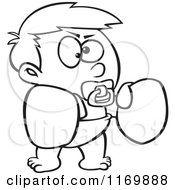 Cartoon Of An Outlined Toddler Boy With Boxing Gloves Royalty Free Vector Clipart