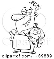 Cartoon Of An Outlined Proud Stay At Home Dad Holding A Baby Royalty Free Vector Clipart