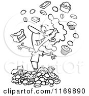 Cartoon Of An Outlined Happy Woman Surrounded With Chocolate Royalty Free Vector Clipart
