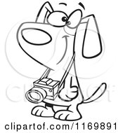 Cartoon Of An Outlined Dog With A Camera Hanging From His Neck Royalty Free Vector Clipart