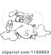 Cartoon Of An Outlined Happy Pig Flying Royalty Free Vector Clipart