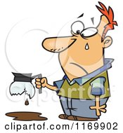 Cartoon Of A Tearing Man Holding A Broken Coffee Pot Royalty Free Vector Clipart