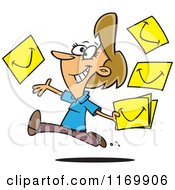 Cartoon Of A Happy Blond Woman Running And Tossing Smiles Royalty Free Vector Clipart