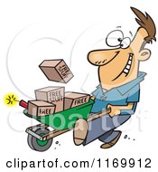 Cartoon Of A Man Pushing Dynamite And Free Stuff In A Wheelbarrow Royalty Free Vector Clipart