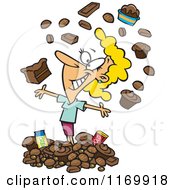 Cartoon Of A Happy Blond Woman Surrounded With Chocolate Royalty Free Vector Clipart