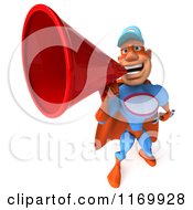 Clipart Of A 3d Super Hero Mechanic In Red And Blue Announcing With A Megaphone 2 Royalty Free CGI Illustration