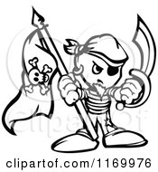 Black And White Tough Pirate Holding A Jolly Roger Flag And Sword In Fisted Hands