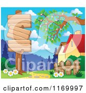 Poster, Art Print Of Wood Sign Post By A Path And Houses