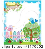 Poster, Art Print Of Birds On A Tree And Fence With A Nest And Ladybugs Over White Copyspace