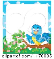 Cartoon Of A Happy Bluebird Pointing On A Branch Against White Copyspace Royalty Free Vector Clipart