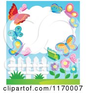 Poster, Art Print Of Cloud Frame With Butterflies Over Flowers And A Fence
