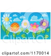 Cartoon Of A Group Of Happy Flowers Over Sky Royalty Free Vector Clipart