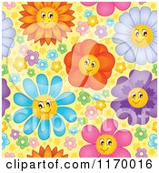 Poster, Art Print Of Seamless Pattern Of Colorful Happy Flowers On Yellow