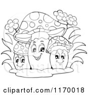 Cartoon Of An Outlined Trio Of Happy Mushrooms Royalty Free Vector Clipart
