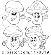 Cartoon Of Outlined Mushroom Mascots Royalty Free Vector Clipart