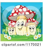 Cartoon Of A Trio Of Happy Mushrooms With Plants And Flowers Royalty Free Vector Clipart