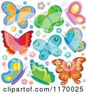 Cartoon Of Colorful Butterflies And Flowers Royalty Free Vector Clipart