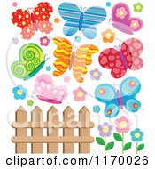 Cartoon Of A Fence With Colorful Butterflies And Flowers Royalty Free Vector Clipart by visekart