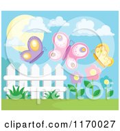 Cartoon Of Butterflies Over Flowers And A Fence Royalty Free Vector Clipart