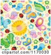 Cartoon Of A Seamless Pattern Of Spring Flowers Birds And Insects Royalty Free Vector Clipart