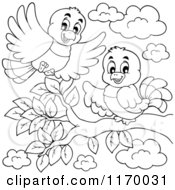 Cartoon Of Outlined Happy Birds On And Over A Branch Royalty Free Vector Clipart