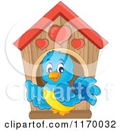 Cartoon Of A Happy Bluebird At A Nesting Box Birdhouse Royalty Free Vector Clipart