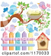 Poster, Art Print Of Birds With A Branch Nest House And Fence