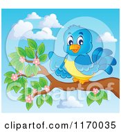 Poster, Art Print Of Happy Bluebird Pointing On A Branch Against Sky